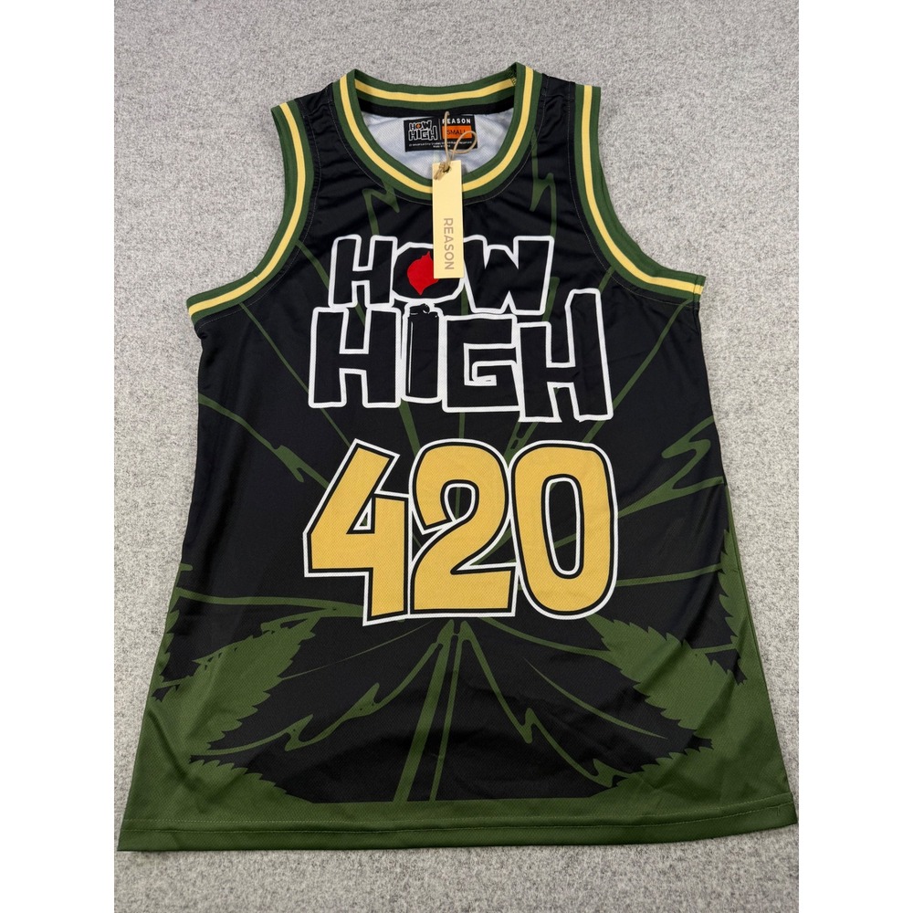 Reason Brand How High 420 Basketball Jersey Black Green Gold RR5-067 Mens Small